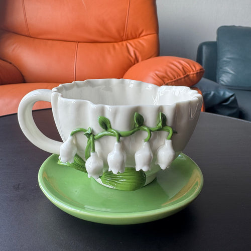 Bellflower ceramic coffee cups, white and green cups,  Handmade flower cups