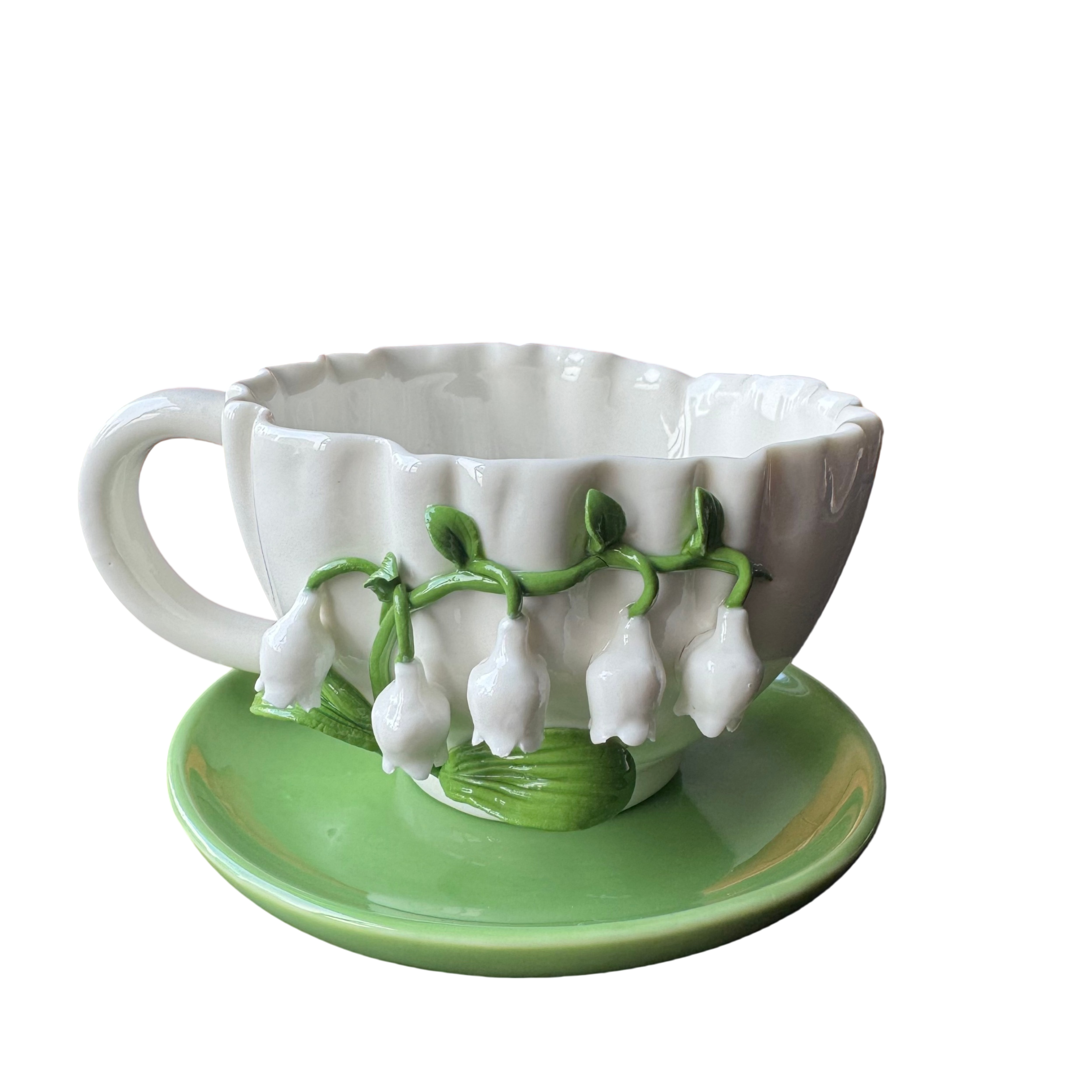 Bellflower ceramic coffee cups, white and green cups,  Handmade flower cups