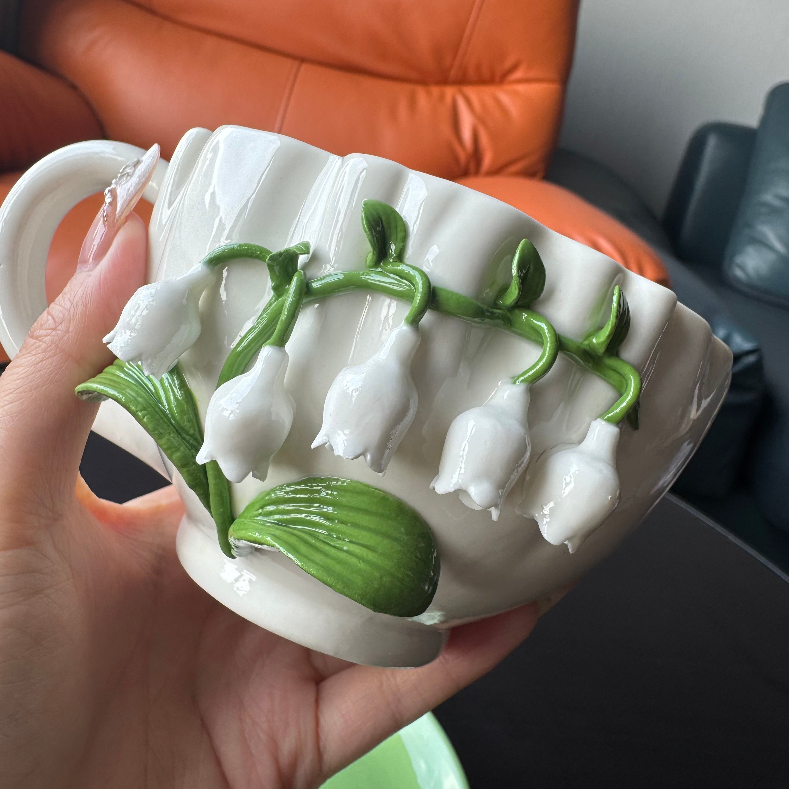 Bellflower ceramic coffee cups, white and green cups,  Handmade flower cups