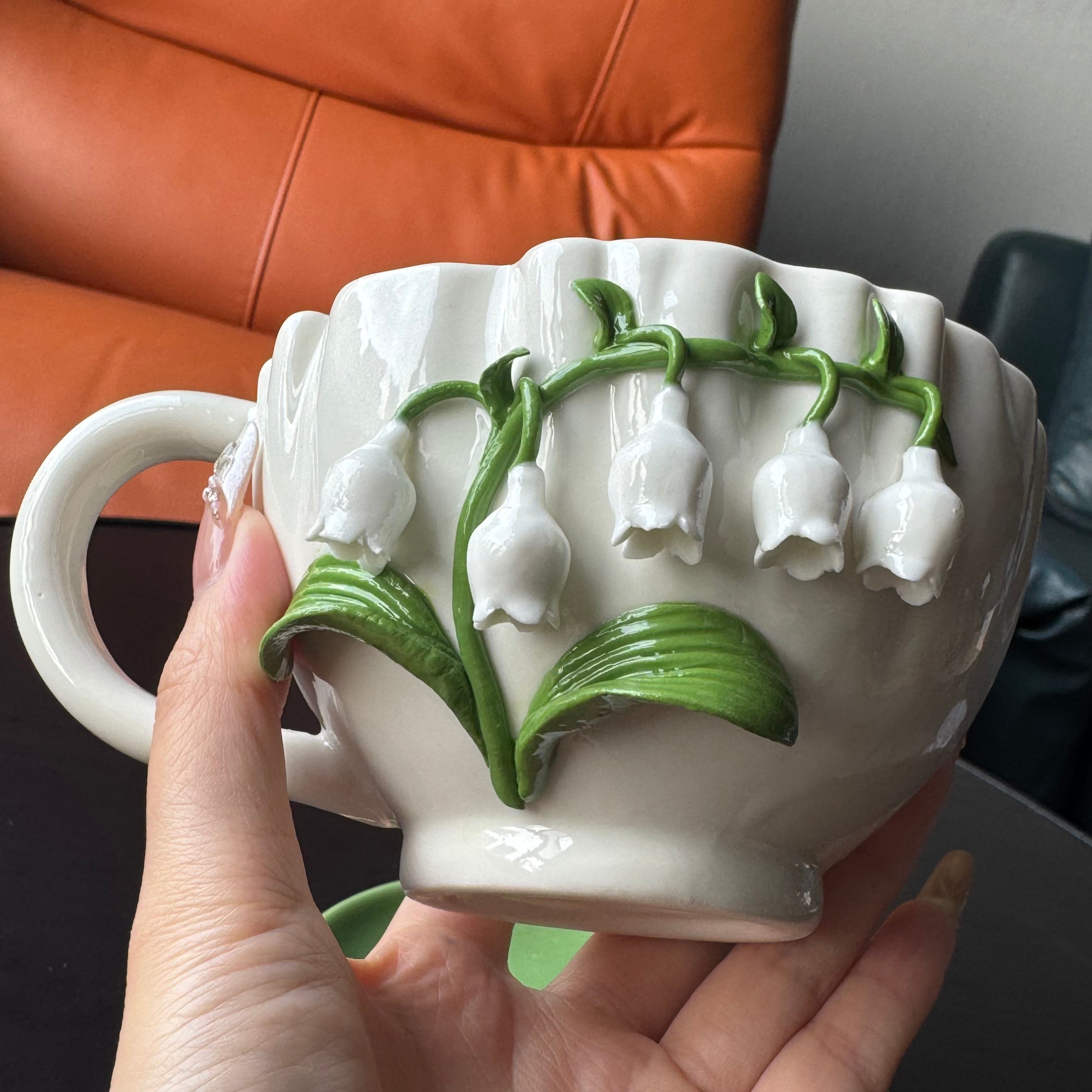 Bellflower ceramic coffee cups, white and green cups,  Handmade flower cups