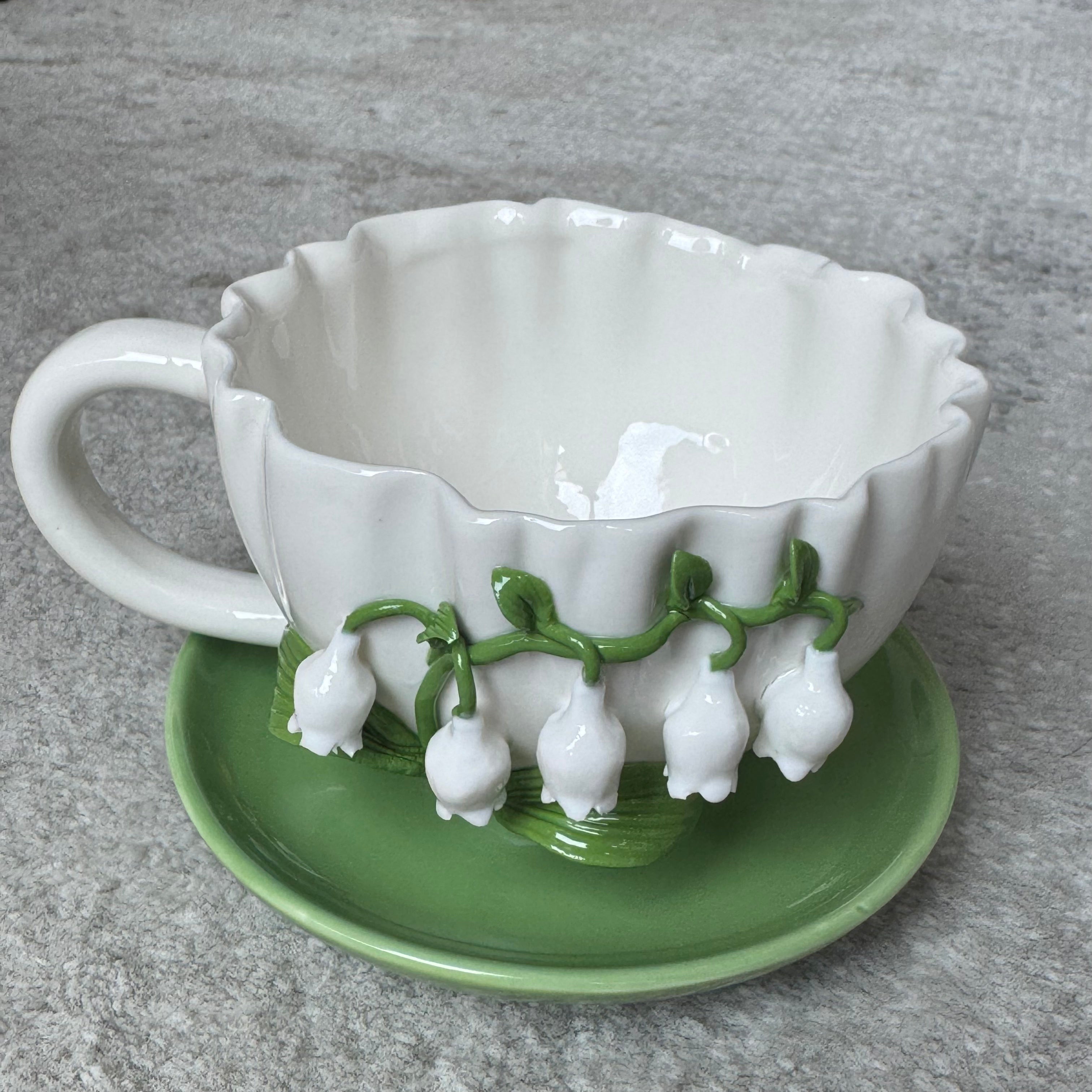 Bellflower ceramic coffee cups, white and green cups,  Handmade flower cups