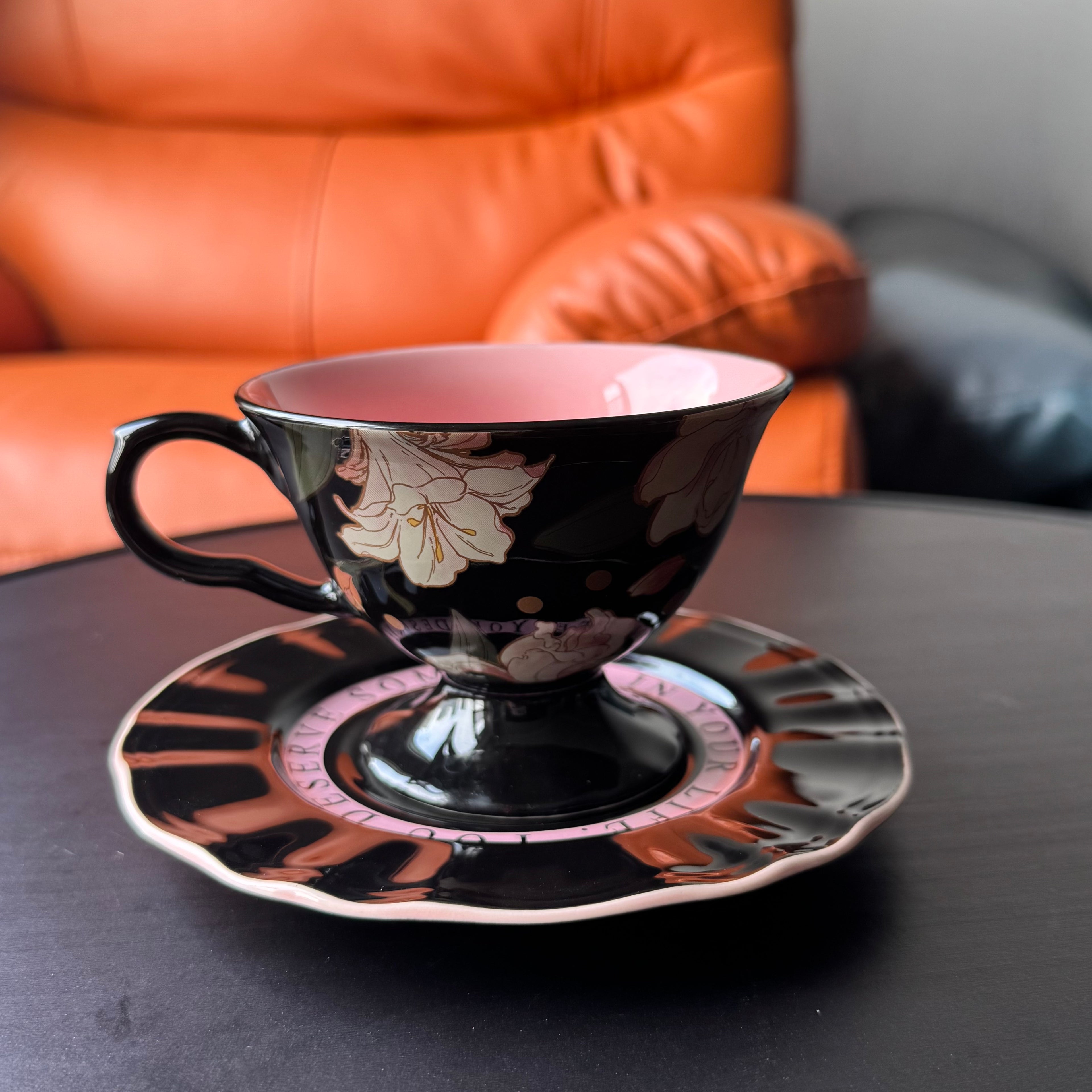 Black pink vintage ceramic coffee cup, elegant tall coffee cup with lily flower pattern, afternoon tea cup