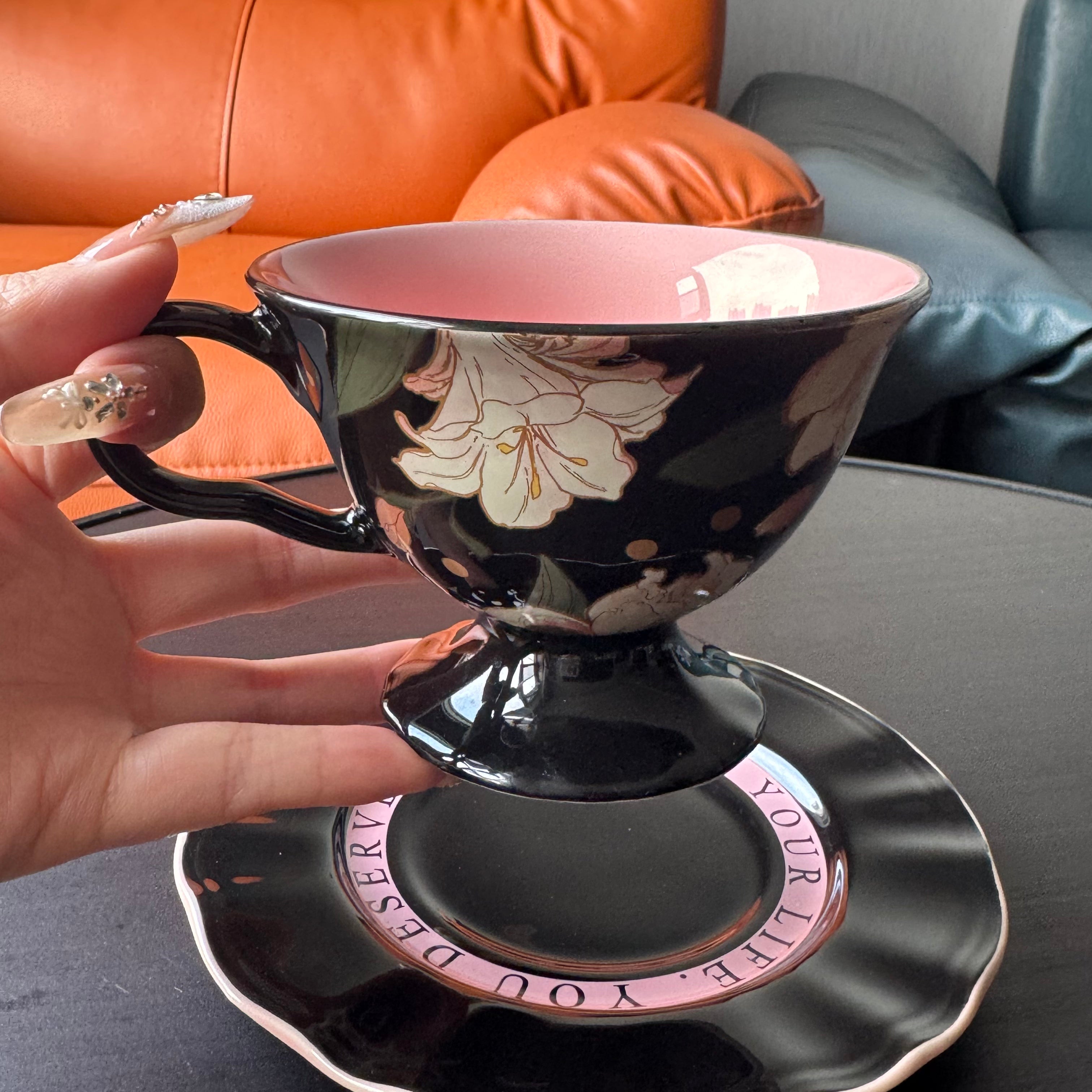 Black pink vintage ceramic coffee cup, elegant tall coffee cup with lily flower pattern, afternoon tea cup