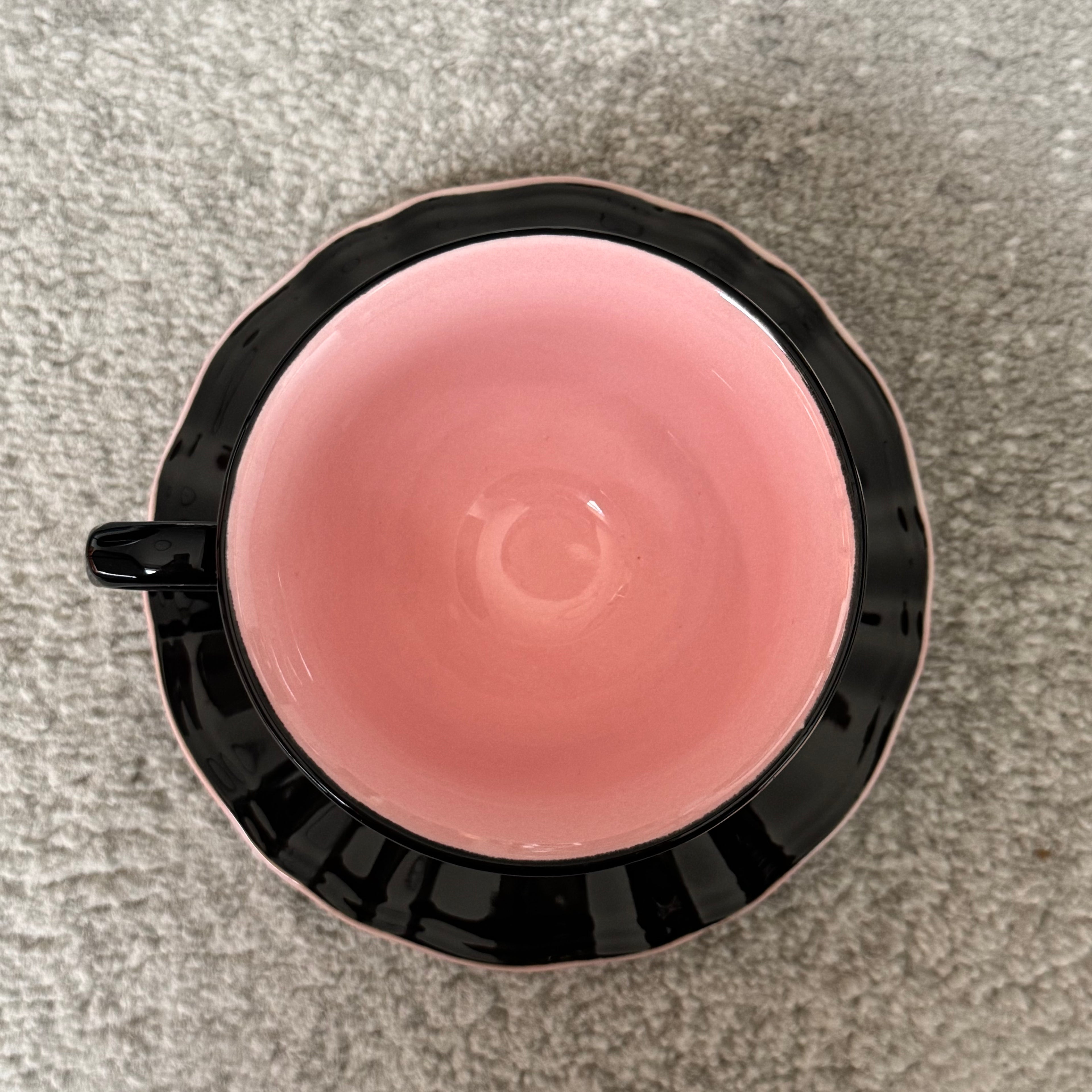 Black pink vintage ceramic coffee cup, elegant tall coffee cup with lily flower pattern, afternoon tea cup