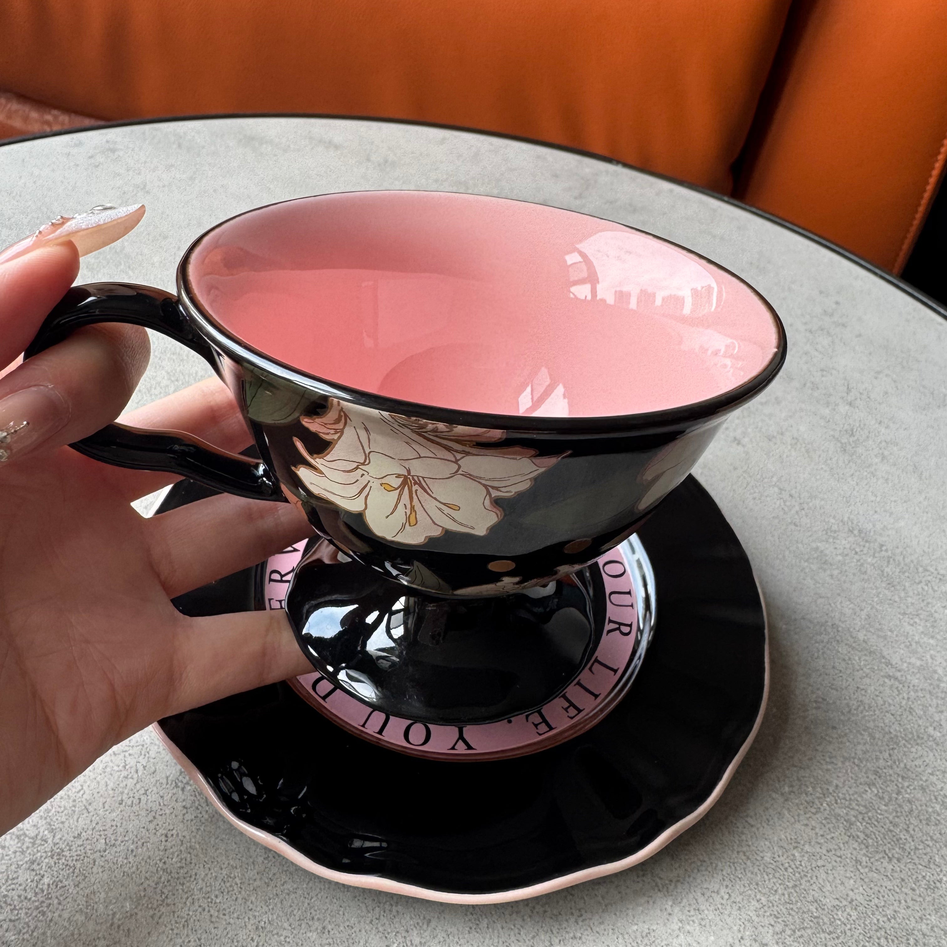 Black pink vintage ceramic coffee cup, elegant tall coffee cup with lily flower pattern, afternoon tea cup