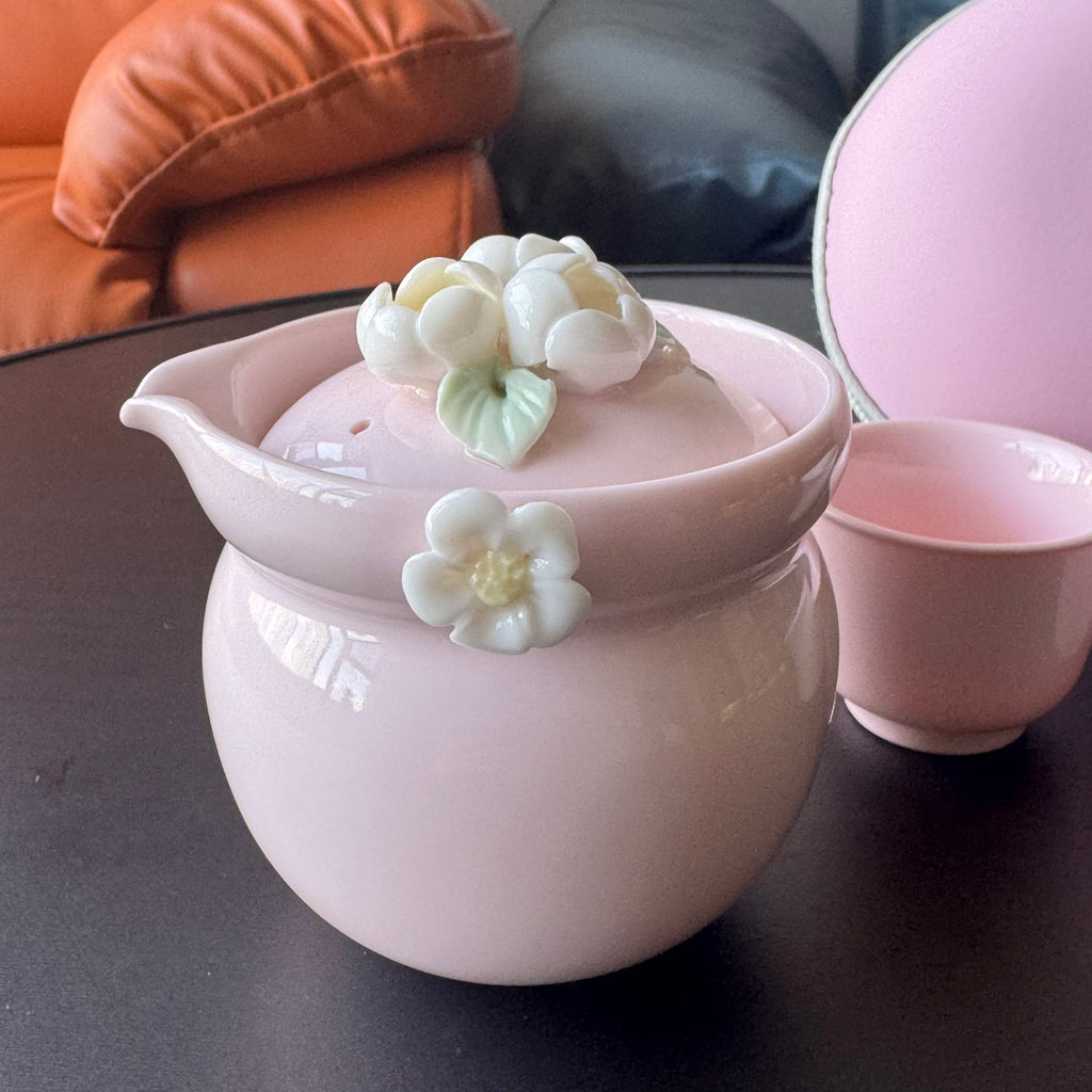 Pink Ceramic Handmade Travel Tea Set, Outdoor camping tea cups, one pot two cups