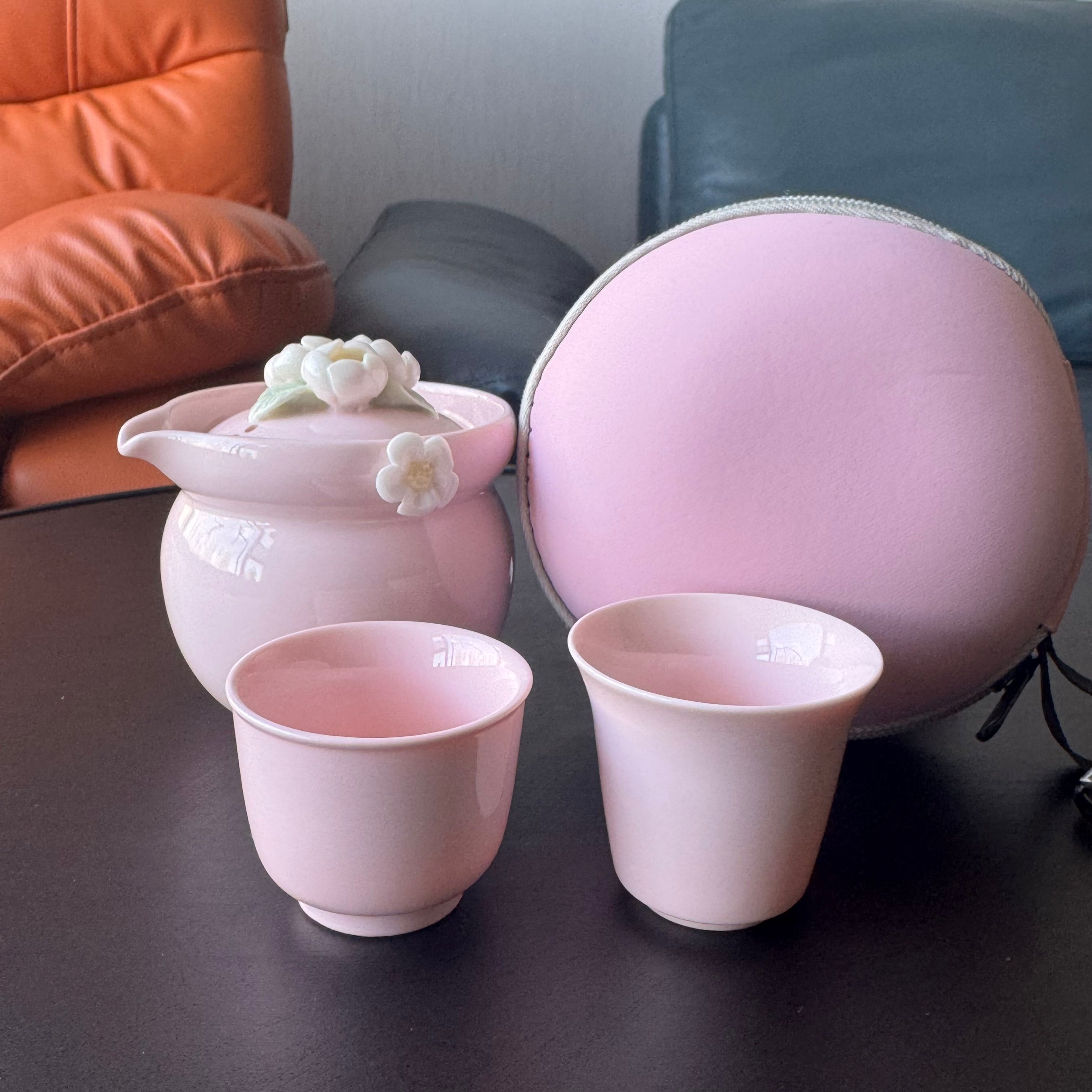 Pink Ceramic Handmade Travel Tea Set, Outdoor camping tea cups, one pot two cups