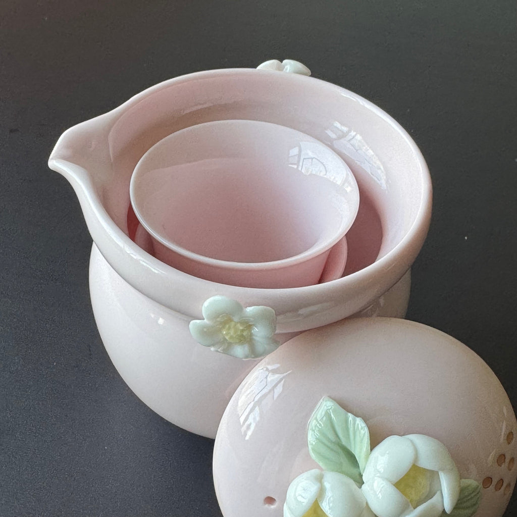 Pink Ceramic Handmade Travel Tea Set, Outdoor camping tea cups, one pot two cups