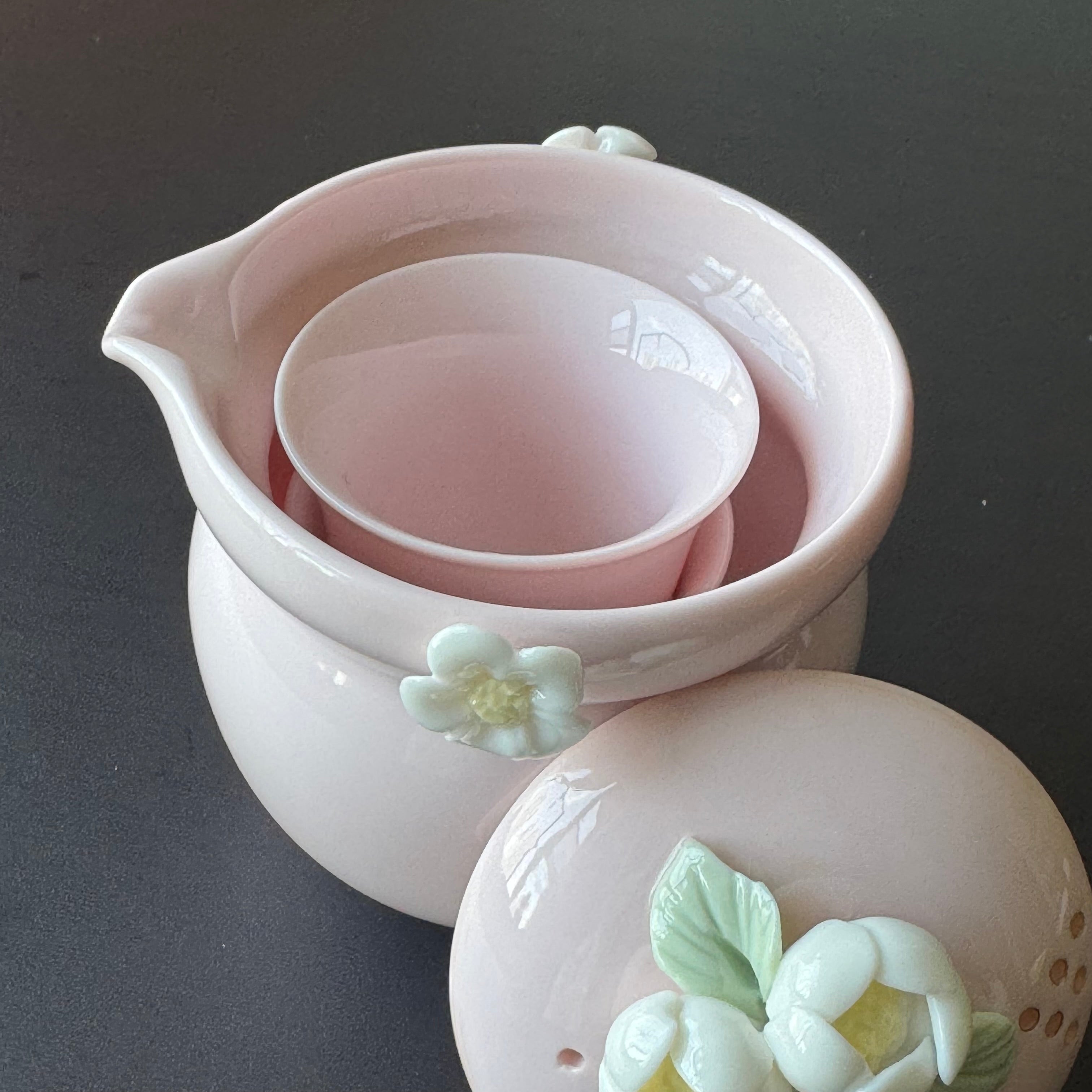 Pink Ceramic Handmade Travel Tea Set, Outdoor camping tea cups, one pot two cups