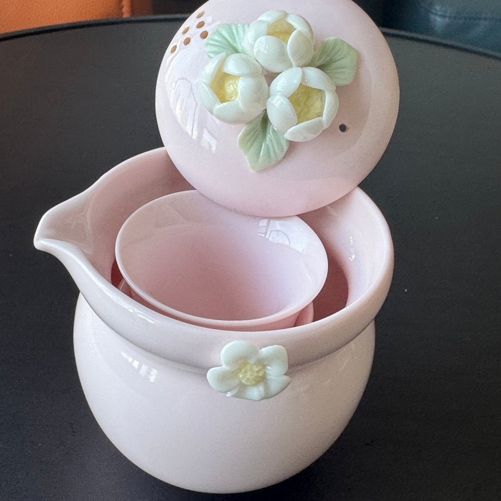 Pink Ceramic Handmade Travel Tea Set, Outdoor camping tea cups, one pot two cups