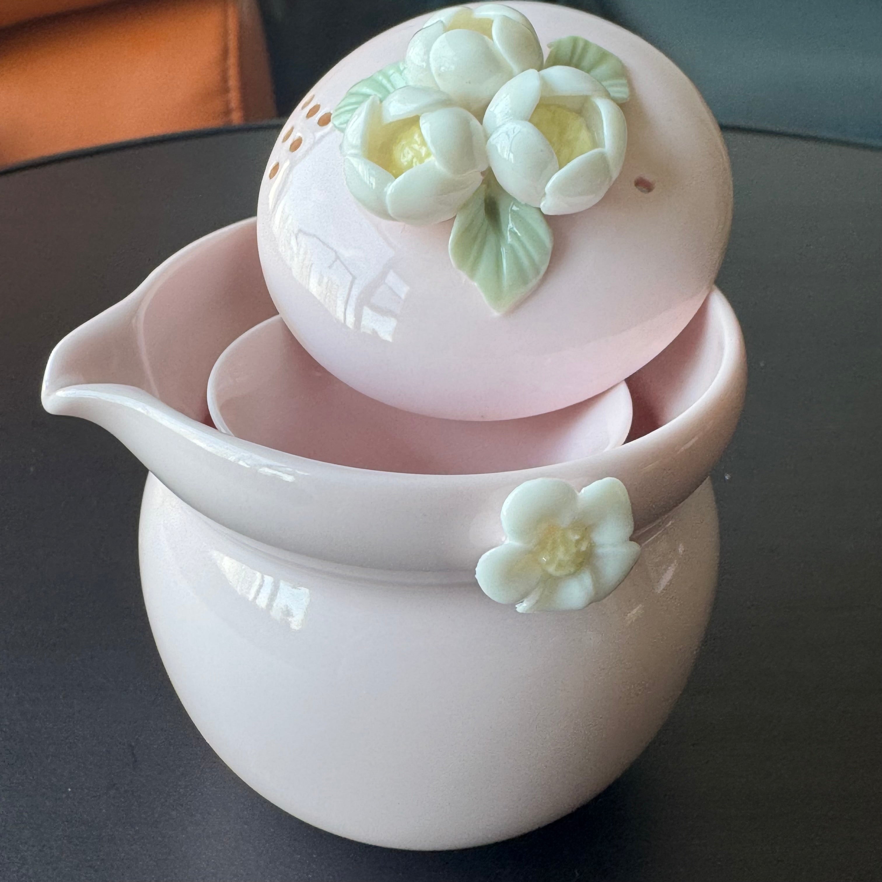 Pink Ceramic Handmade Travel Tea Set, Outdoor camping tea cups, one pot two cups