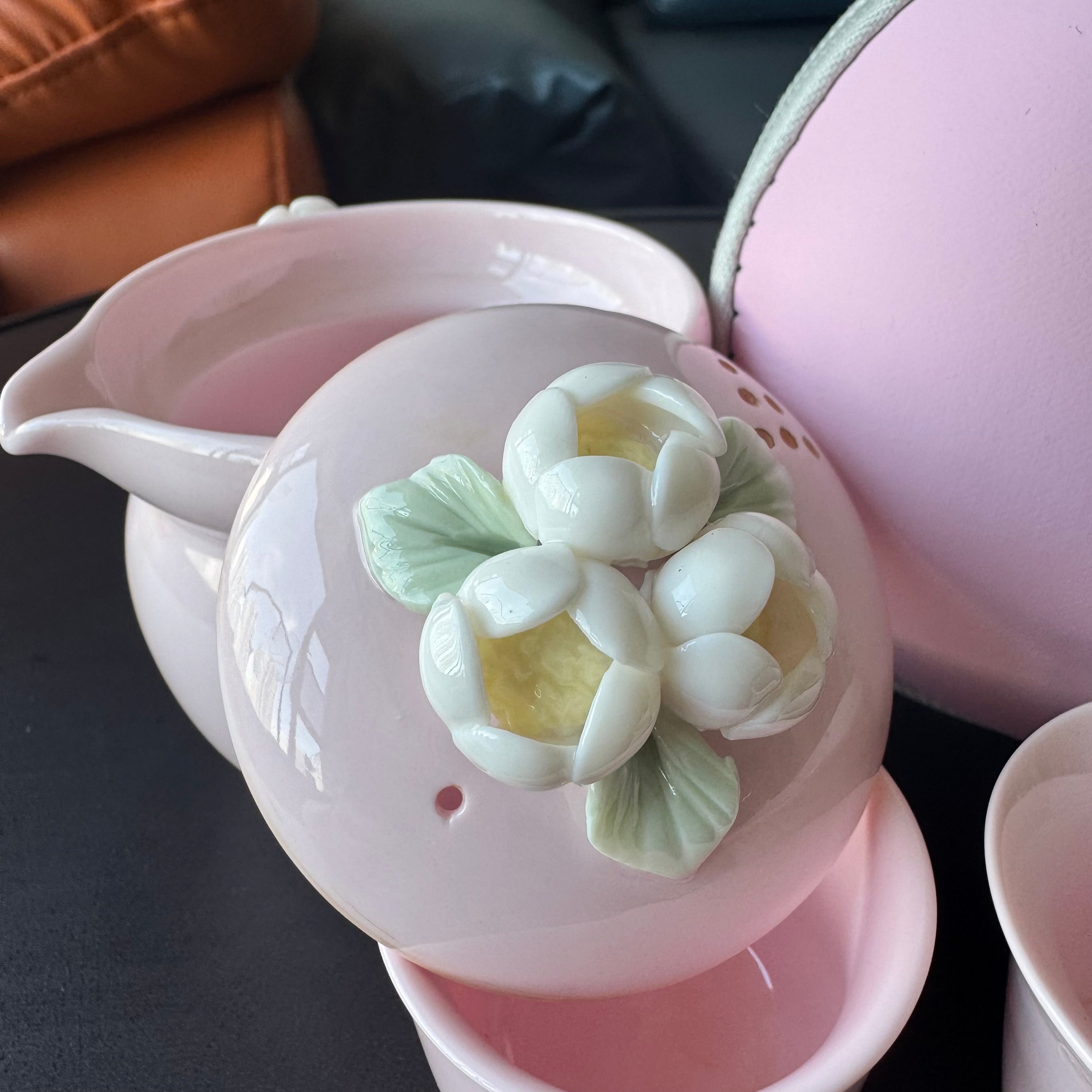 Pink Ceramic Handmade Travel Tea Set, Outdoor camping tea cups, one pot two cups