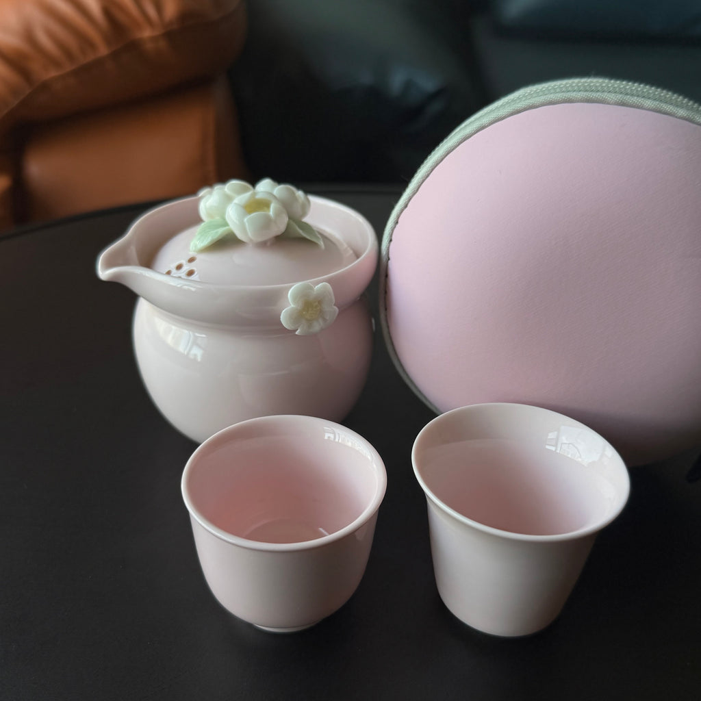 Pink Ceramic Handmade Travel Tea Set, Outdoor camping tea cups, one pot two cups