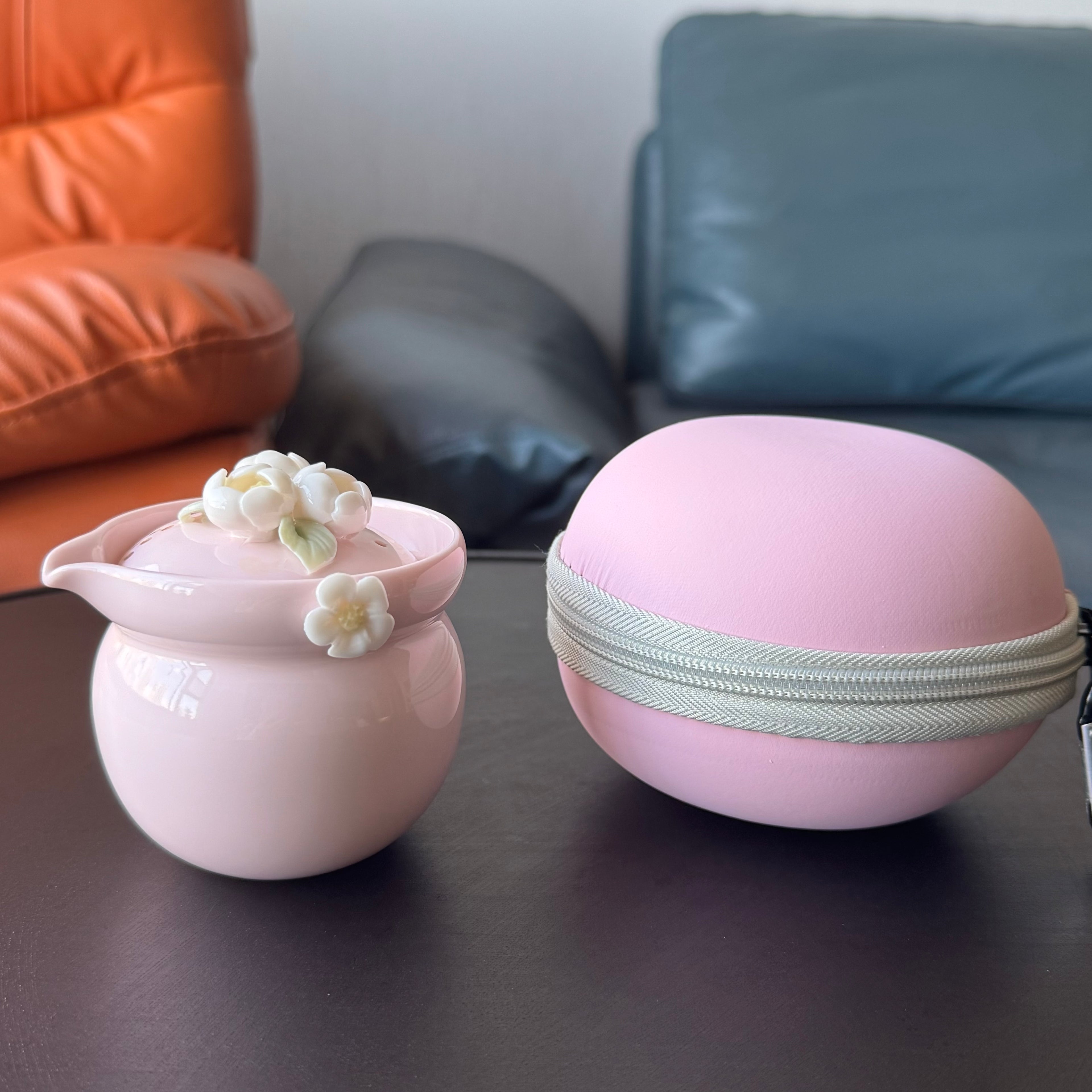 Pink Ceramic Handmade Travel Tea Set, Outdoor camping tea cups, one pot two cups