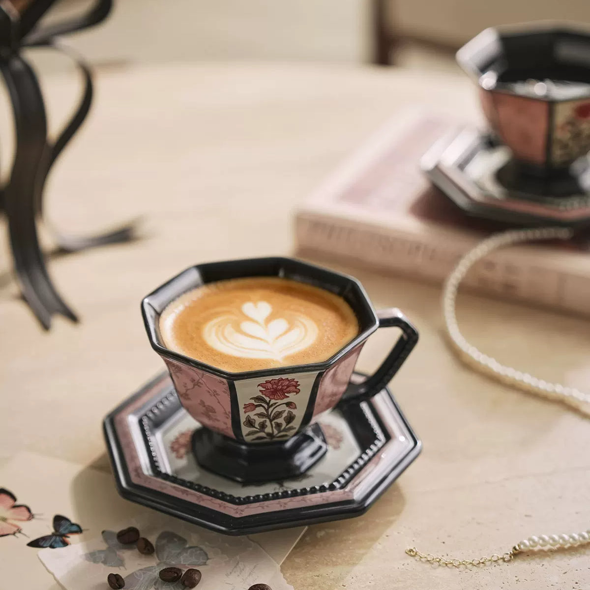Retro ceramic peony flower coffee cup, pink and black octagonal coffee cup, an exquisite afternoon tea coffee cup set as a gift.
