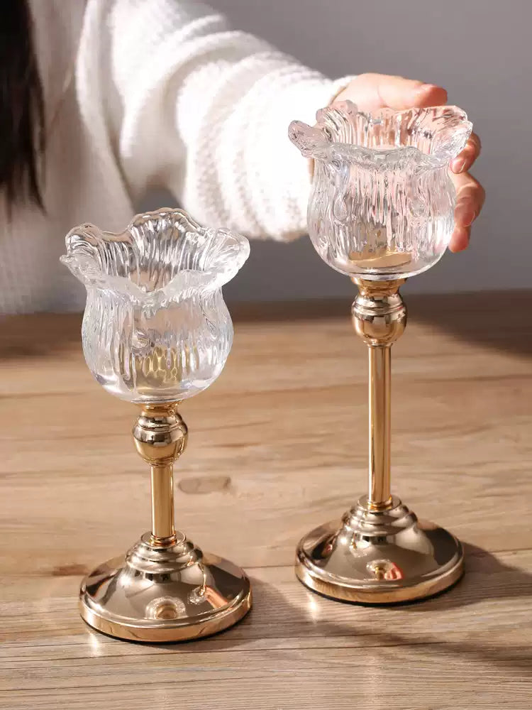 Metal Crystal Glass Candle Holder with High Stem, European Style Romantic Dinner Table Decoration, Home Decor Accents