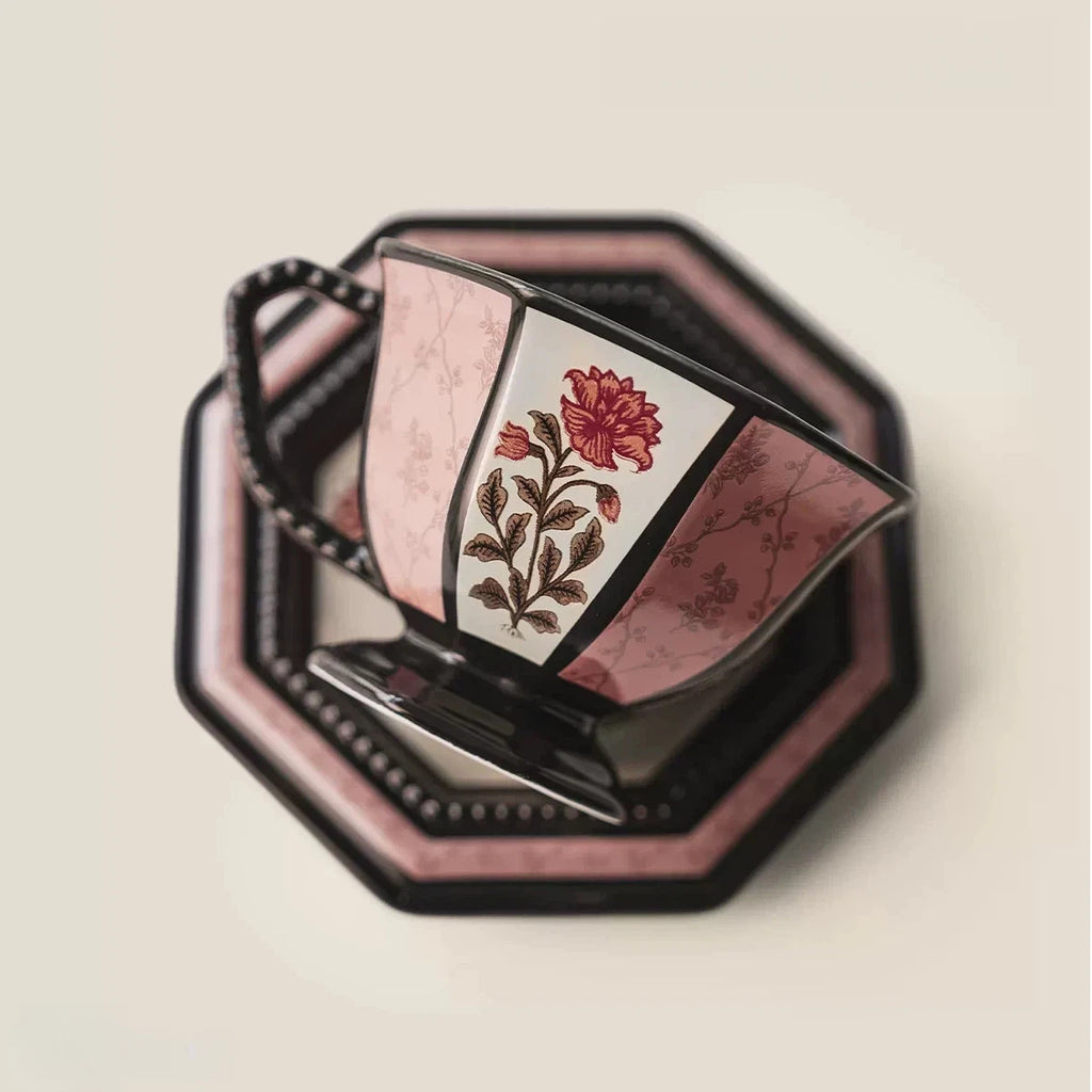 Retro ceramic peony flower coffee cup, pink and black octagonal coffee cup, an exquisite afternoon tea coffee cup set as a gift.