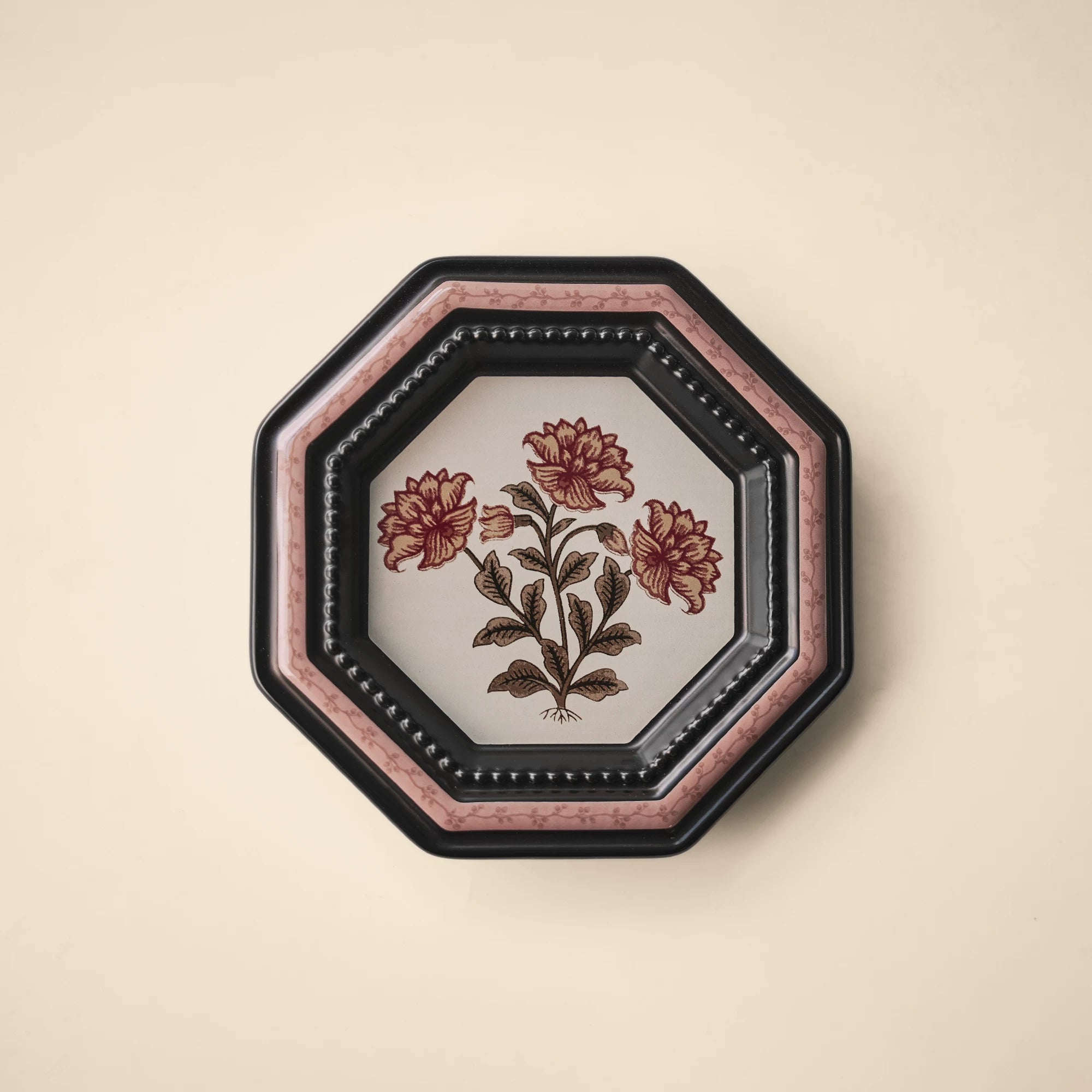 Retro ceramic peony flower coffee cup, pink and black octagonal coffee cup, an exquisite afternoon tea coffee cup set as a gift.