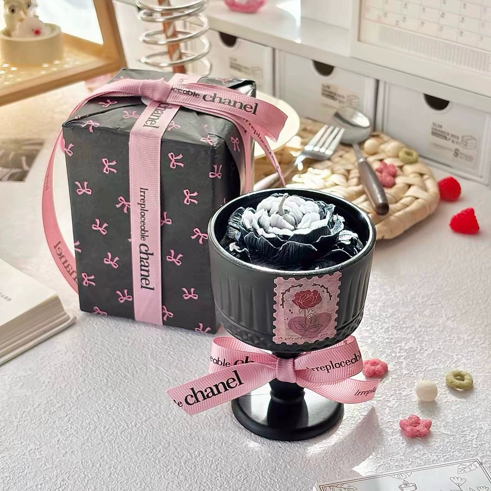Black camellia-shaped fragrance diffuser candle tall glass, fragrance diffuser candle gift box