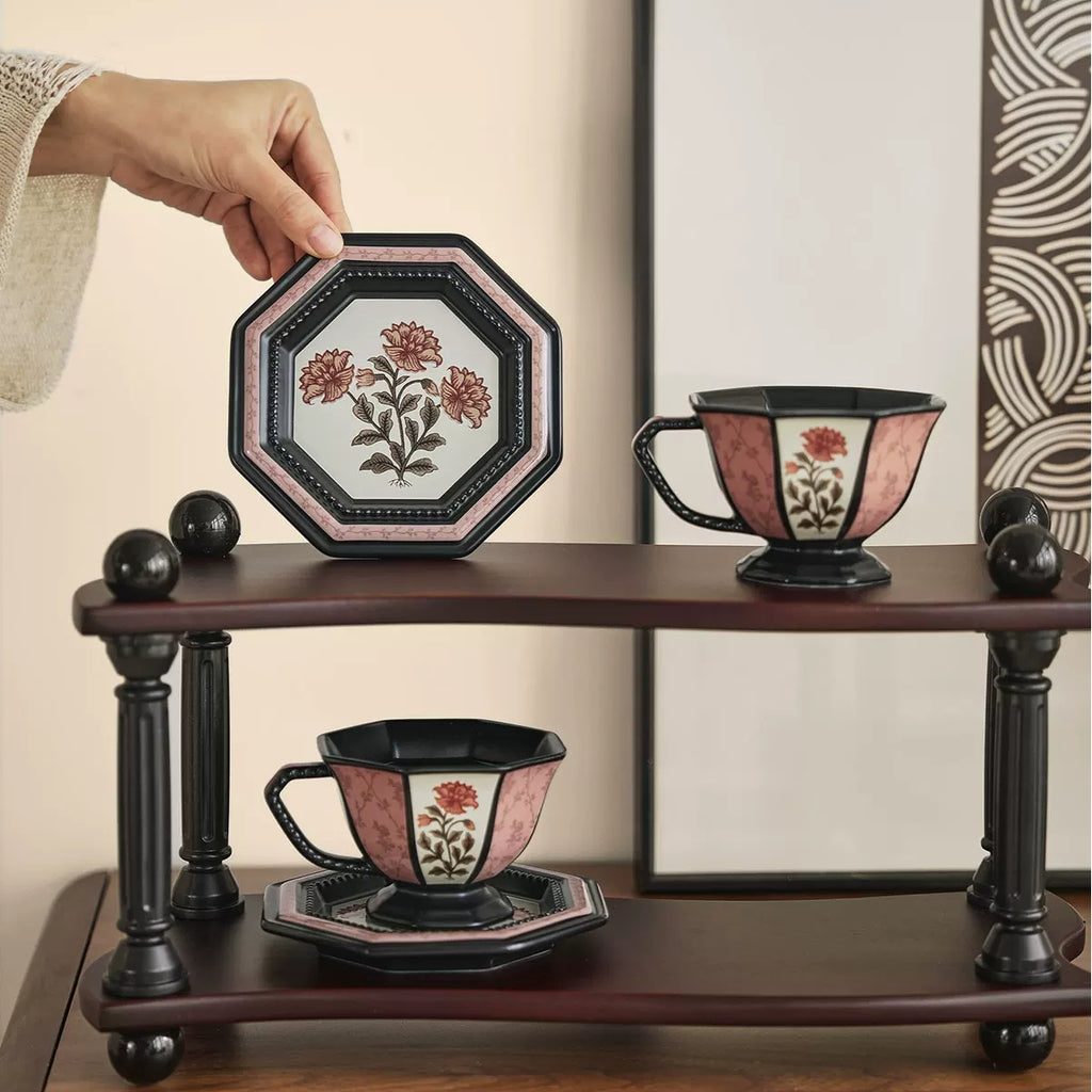 Retro ceramic peony flower coffee cup, pink and black octagonal coffee cup, an exquisite afternoon tea coffee cup set as a gift.