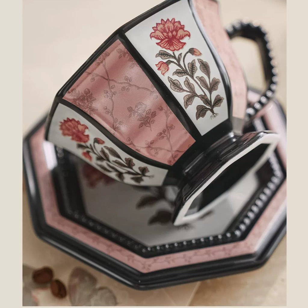 Retro ceramic peony flower coffee cup, pink and black octagonal coffee cup, an exquisite afternoon tea coffee cup set as a gift.