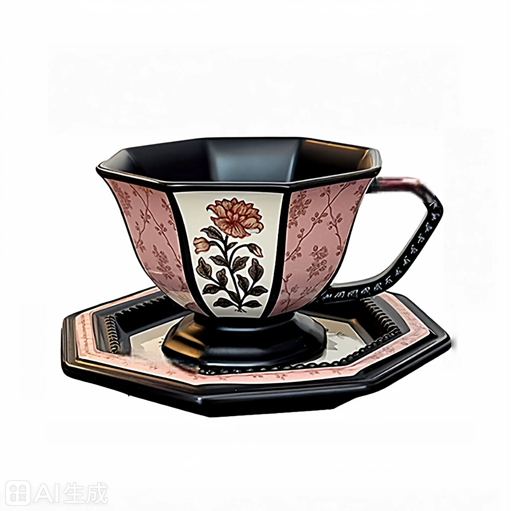 Retro ceramic peony flower coffee cup, pink and black octagonal coffee cup, an exquisite afternoon tea coffee cup set as a gift.